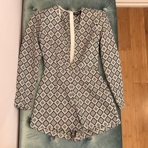 Deep Plunge Pattern Long Sleeve Romper